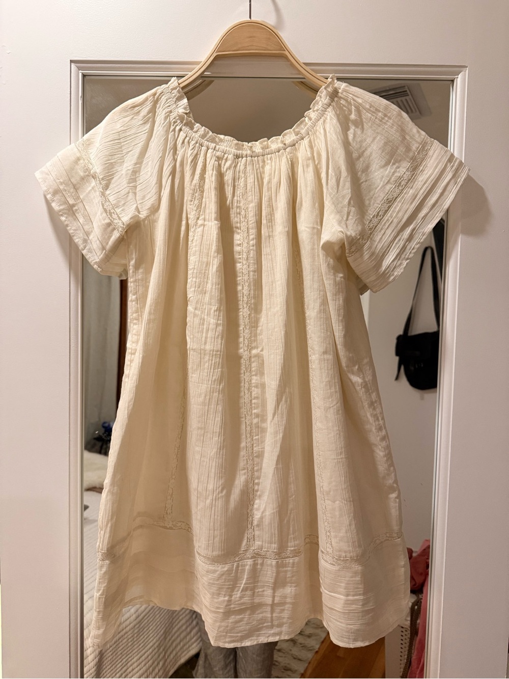 Light Cream Muslin Short-Sleeve Smocked-neck Cotton Lace Trim Dress Aerie Small - Picture 1 of 11